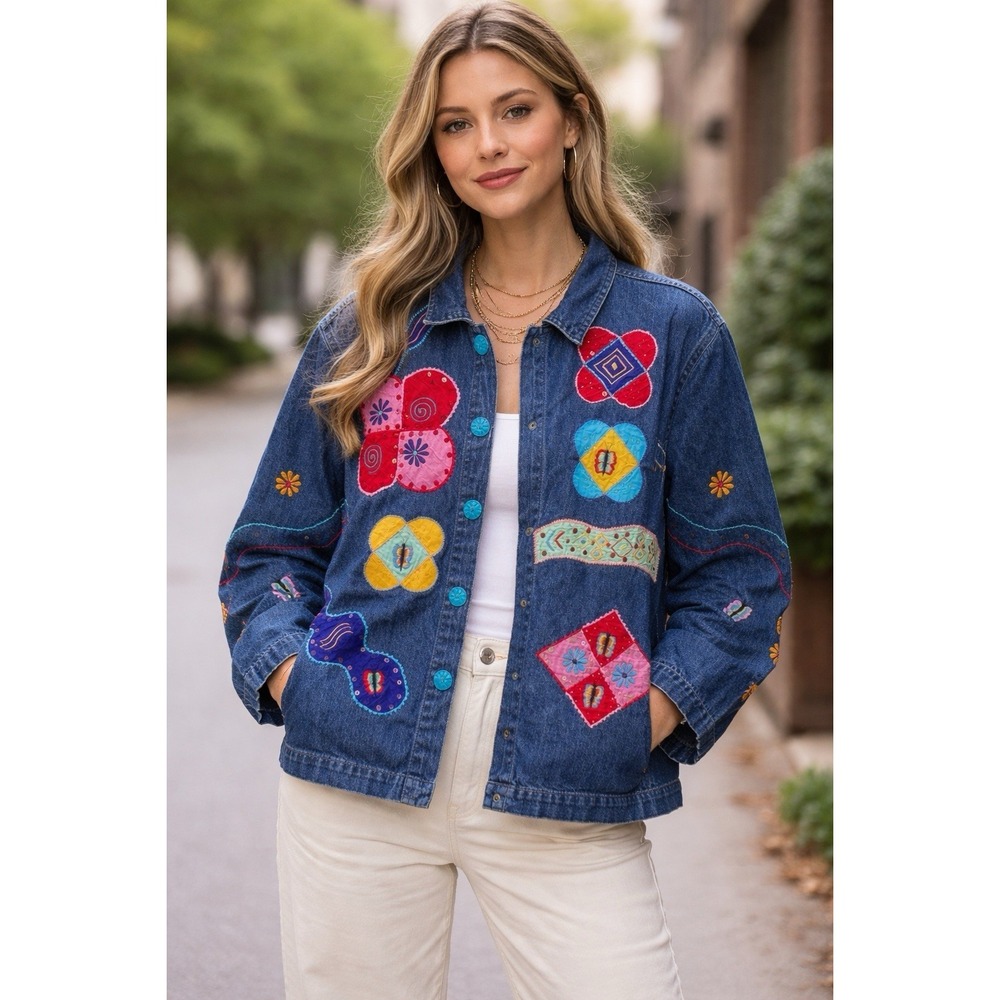 Vintage Pushpa Denim Jacket Petite M Colorful Patchwork Embroidered Boho